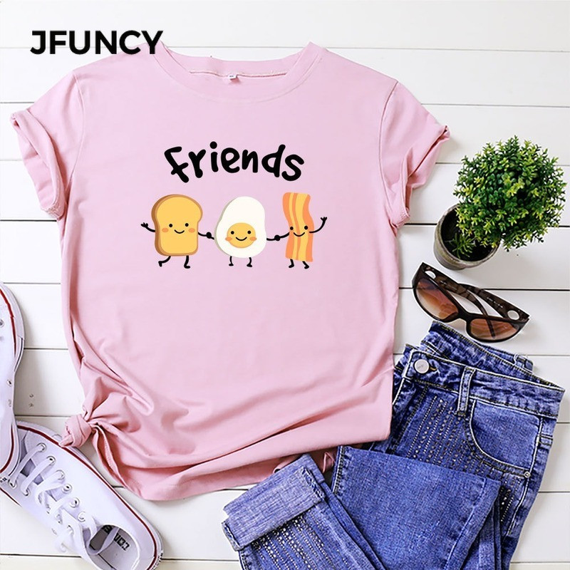 JFUNCY 2023 jauns kokvilnas sieviešu T krekls Vasaras T-krekls ar īsām piedurknēm Labākie draugi Multfilma ar apdruku, sieviešu trikotāžas sieviešu topi