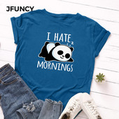 JFUNCY Lazy Panda Print T-särk Korea naiste puuvillane T-särk Suvised T-särgid Lühikeste varrukatega naiste T-särk Naiste särgid