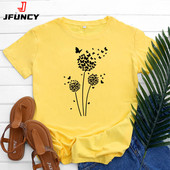 JFUNCY Tricou supradimensionat Top femei de vară tricou din bumbac cu mânecă scurtă Love Dandelion Harajuku Tricou grafic Îmbrăcăminte pentru femei