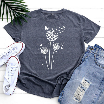 JFUNCY Tricou supradimensionat Top femei de vară tricou din bumbac cu mânecă scurtă Love Dandelion Harajuku Tricou grafic Îmbrăcăminte pentru femei