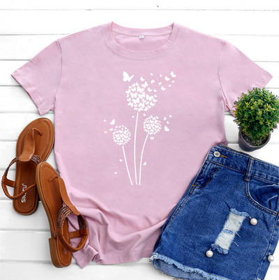 JFUNCY Tricou supradimensionat Top femei de vară tricou din bumbac cu mânecă scurtă Love Dandelion Harajuku Tricou grafic Îmbrăcăminte pentru femei