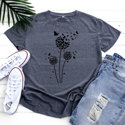 JFUNCY Tricou supradimensionat Top femei de vară tricou din bumbac cu mânecă scurtă Love Dandelion Harajuku Tricou grafic Îmbrăcăminte pentru femei