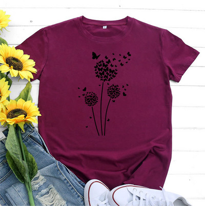 JFUNCY Tricou supradimensionat Top femei de vară tricou din bumbac cu mânecă scurtă Love Dandelion Harajuku Tricou grafic Îmbrăcăminte pentru femei