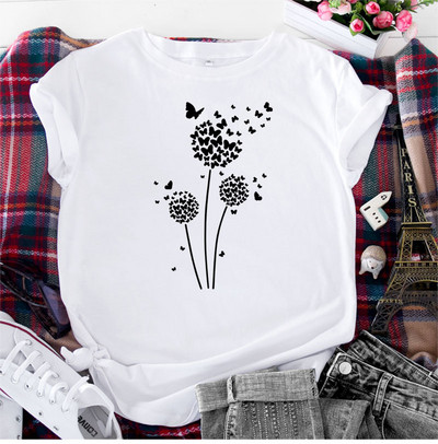 JFUNCY Tricou supradimensionat Top femei de vară tricou din bumbac cu mânecă scurtă Love Dandelion Harajuku Tricou grafic Îmbrăcăminte pentru femei