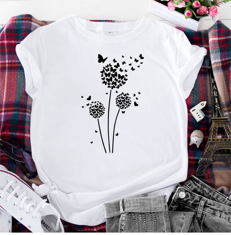 JFUNCY Tricou supradimensionat Top femei de vară tricou din bumbac cu mânecă scurtă Love Dandelion Harajuku Tricou grafic Îmbrăcăminte pentru femei