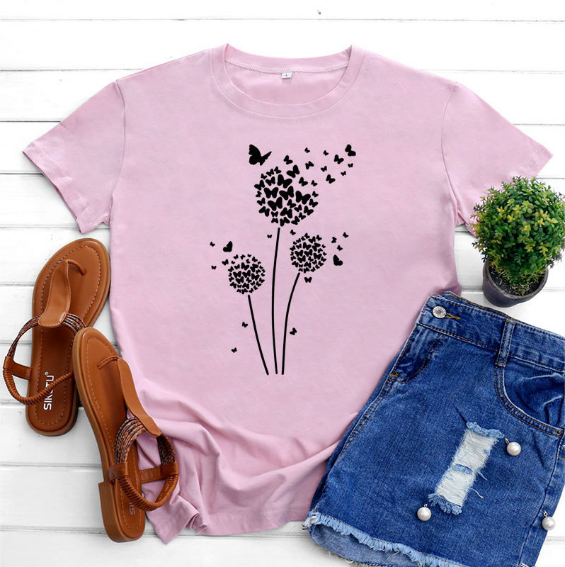 JFUNCY Tricou supradimensionat Top femei de vară tricou din bumbac cu mânecă scurtă Love Dandelion Harajuku Tricou grafic Îmbrăcăminte pentru femei