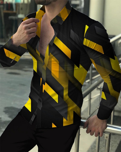 Nyári őszi vintage férfi felsők 2023 alkalmi virágos, geometrikus totemnyomásos hosszú ujjú felsők Férfi ruházati buli szabadtéri ing