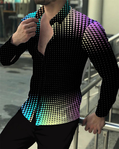 Nyári őszi vintage férfi felsők 2023 alkalmi virágos, geometrikus totemnyomásos hosszú ujjú felsők Férfi ruházati buli szabadtéri ing