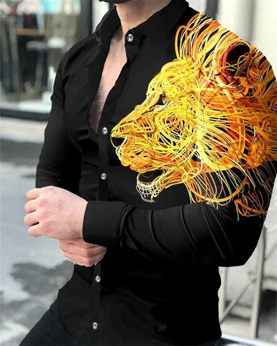 Nyári őszi vintage férfi felsők 2023 alkalmi virágos, geometrikus totemnyomásos hosszú ujjú felsők Férfi ruházati buli szabadtéri ing