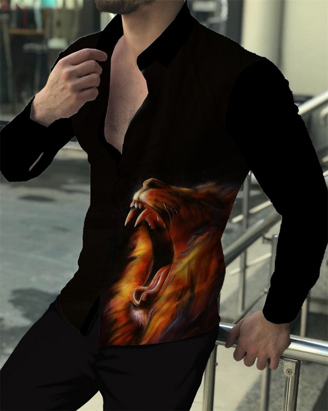 Nyári őszi vintage férfi felsők 2023 alkalmi virágos, geometrikus totemnyomásos hosszú ujjú felsők Férfi ruházati buli szabadtéri ing