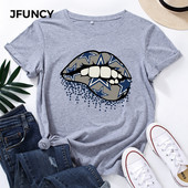 JFUNCY 5XL női pamut póló ajak grafikai nyomat bő póló rövid ujjú női alkalmi póló nyári női felsők