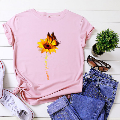 JFUNCY 5XL Ikdienas brīvi sieviešu T-krekli 2023. gada vasaras sieviešu kokvilnas T krekls Sieviešu topi ar īsām piedurknēm saulespuķu apdrukas krekls