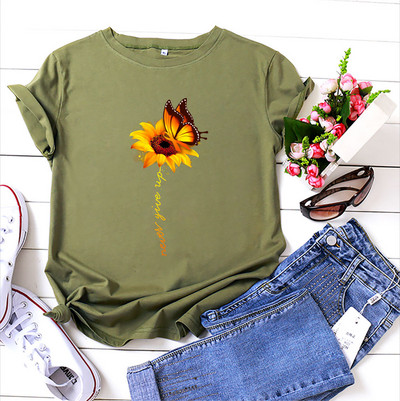 JFUNCY 5XL Ikdienas brīvi sieviešu T-krekli 2023. gada vasaras sieviešu kokvilnas T krekls Sieviešu topi ar īsām piedurknēm saulespuķu apdrukas krekls