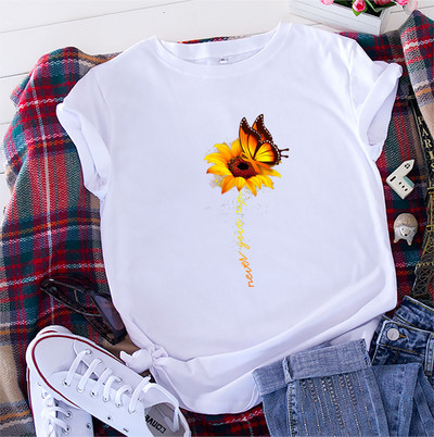 JFUNCY 5XL Ikdienas brīvi sieviešu T-krekli 2023. gada vasaras sieviešu kokvilnas T krekls Sieviešu topi ar īsām piedurknēm saulespuķu apdrukas krekls