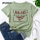 JFUNCY Lielizmēra sieviešu topi Leopard Love Heart Print Sieviešu krekli Vasaras ikdienas īsām piedurknēm Basic Tee kokvilnas T-krekls