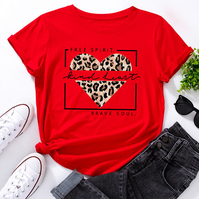 JFUNCY Lielizmēra sieviešu topi Leopard Love Heart Print Sieviešu krekli Vasaras ikdienas īsām piedurknēm Basic Tee kokvilnas T-krekls