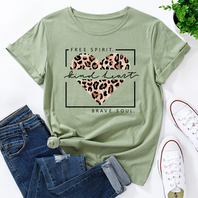 JFUNCY Lielizmēra sieviešu topi Leopard Love Heart Print Sieviešu krekli Vasaras ikdienas īsām piedurknēm Basic Tee kokvilnas T-krekls