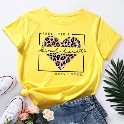 JFUNCY Lielizmēra sieviešu topi Leopard Love Heart Print Sieviešu krekli Vasaras ikdienas īsām piedurknēm Basic Tee kokvilnas T-krekls