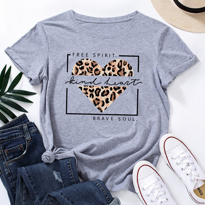 JFUNCY Lielizmēra sieviešu topi Leopard Love Heart Print Sieviešu krekli Vasaras ikdienas īsām piedurknēm Basic Tee kokvilnas T-krekls