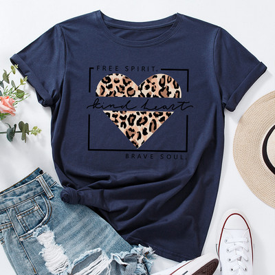 JFUNCY Lielizmēra sieviešu topi Leopard Love Heart Print Sieviešu krekli Vasaras ikdienas īsām piedurknēm Basic Tee kokvilnas T-krekls