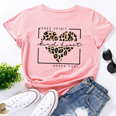 JFUNCY Lielizmēra sieviešu topi Leopard Love Heart Print Sieviešu krekli Vasaras ikdienas īsām piedurknēm Basic Tee kokvilnas T-krekls