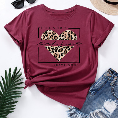JFUNCY Lielizmēra sieviešu topi Leopard Love Heart Print Sieviešu krekli Vasaras ikdienas īsām piedurknēm Basic Tee kokvilnas T-krekls