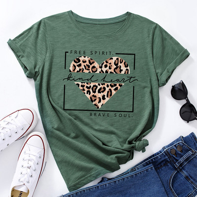 JFUNCY Lielizmēra sieviešu topi Leopard Love Heart Print Sieviešu krekli Vasaras ikdienas īsām piedurknēm Basic Tee kokvilnas T-krekls