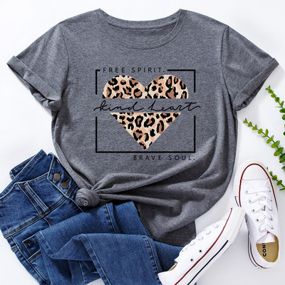 JFUNCY Lielizmēra sieviešu topi Leopard Love Heart Print Sieviešu krekli Vasaras ikdienas īsām piedurknēm Basic Tee kokvilnas T-krekls