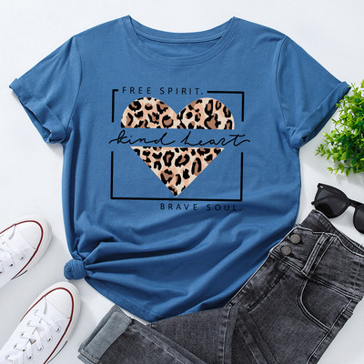 JFUNCY Lielizmēra sieviešu topi Leopard Love Heart Print Sieviešu krekli Vasaras ikdienas īsām piedurknēm Basic Tee kokvilnas T-krekls