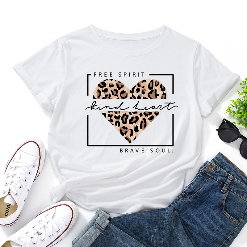 JFUNCY Lielizmēra sieviešu topi Leopard Love Heart Print Sieviešu krekli Vasaras ikdienas īsām piedurknēm Basic Tee kokvilnas T-krekls