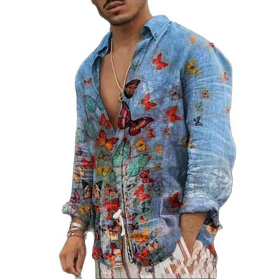 Vīriešu krekli Harajuku Butterfly Print Topi Havaju pludmales krekls Slim Tees Lielizmēra Mode Vasaras ikdienas apģērbs ar garām piedurknēm