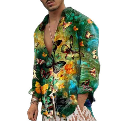 Vīriešu krekli Harajuku Butterfly Print Topi Havaju pludmales krekls Slim Tees Lielizmēra Mode Vasaras ikdienas apģērbs ar garām piedurknēm