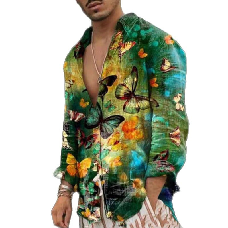 Vīriešu krekli Harajuku Butterfly Print Topi Havaju pludmales krekls Slim Tees Lielizmēra Mode Vasaras ikdienas apģērbs ar garām piedurknēm