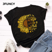 JFUNCY Tricou cu imprimeu floarea-soarelui nou, tricou din bumbac pentru femei, tricou de vară, tricou cu mânecă scurtă pentru femei, cămăși pentru femei