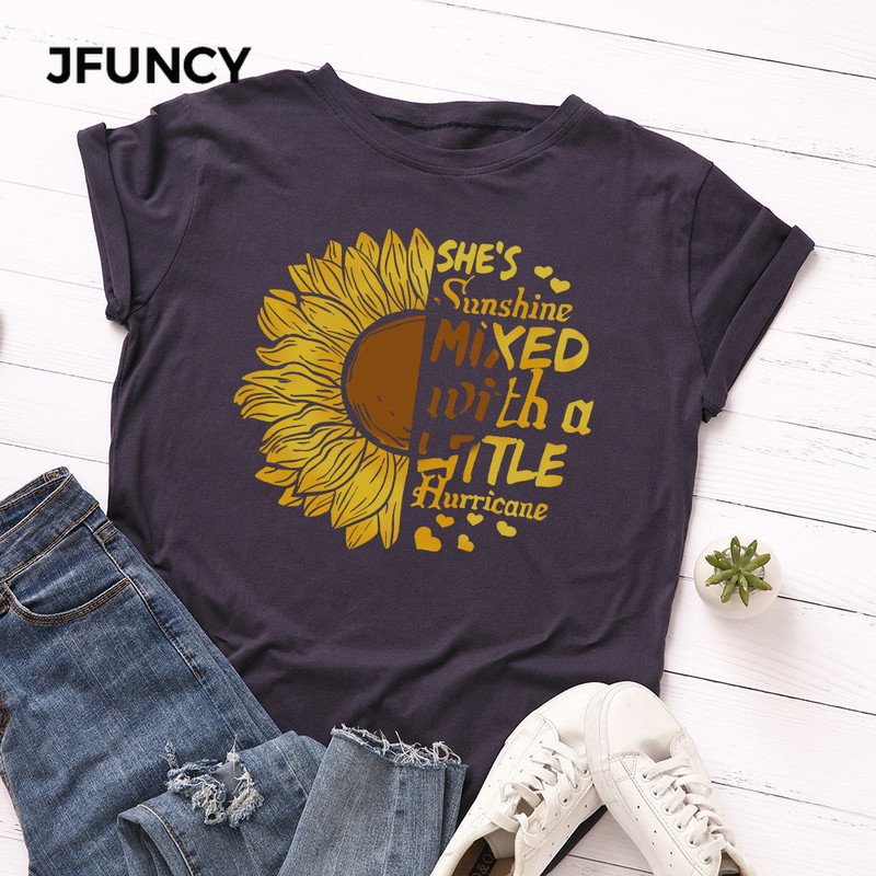 JFUNCY Tricou cu imprimeu floarea-soarelui nou, tricou din bumbac pentru femei, tricou de vară, tricou cu mânecă scurtă pentru femei, cămăși pentru femei