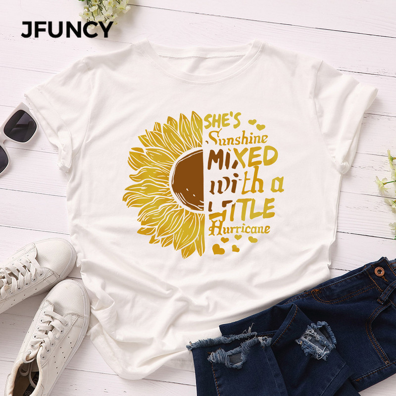 JFUNCY Tricou cu imprimeu floarea-soarelui nou, tricou din bumbac pentru femei, tricou de vară, tricou cu mânecă scurtă pentru femei, cămăși pentru femei