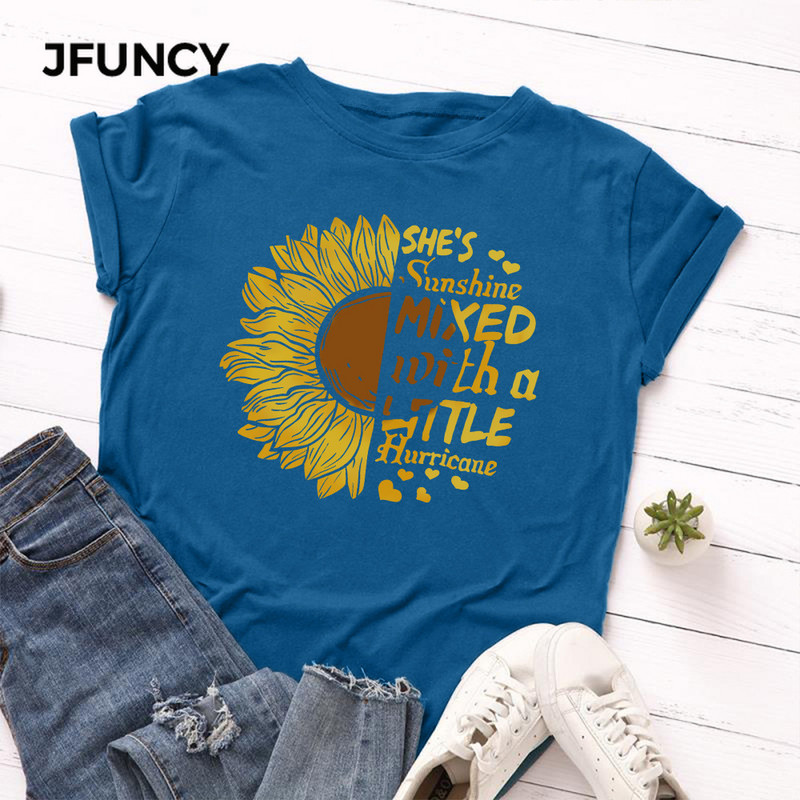 JFUNCY Tricou cu imprimeu floarea-soarelui nou, tricou din bumbac pentru femei, tricou de vară, tricou cu mânecă scurtă pentru femei, cămăși pentru femei