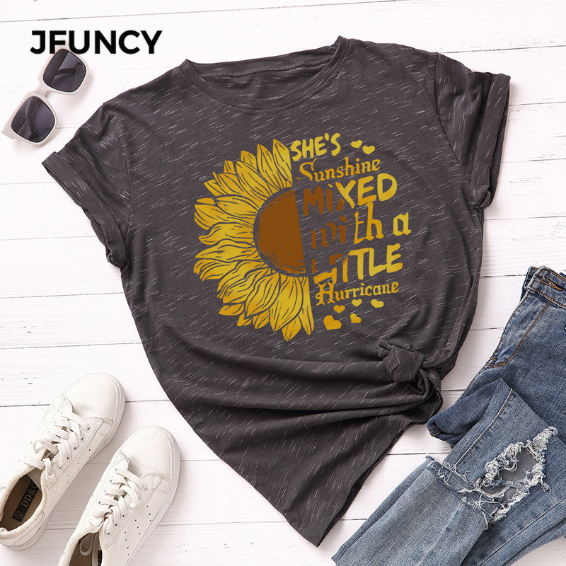 JFUNCY Tricou cu imprimeu floarea-soarelui nou, tricou din bumbac pentru femei, tricou de vară, tricou cu mânecă scurtă pentru femei, cămăși pentru femei
