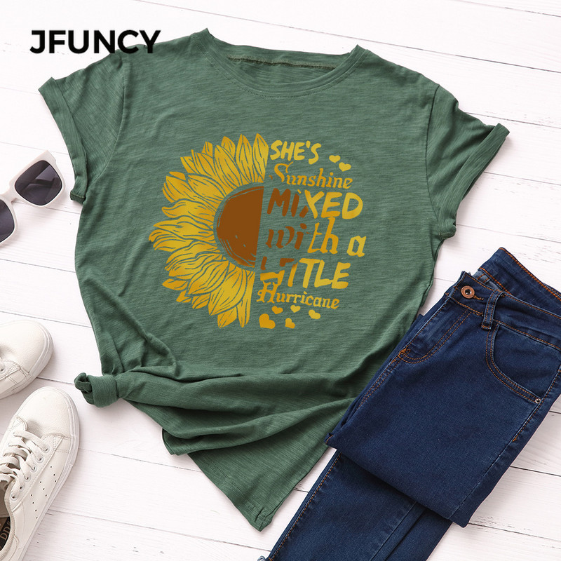 JFUNCY Tricou cu imprimeu floarea-soarelui nou, tricou din bumbac pentru femei, tricou de vară, tricou cu mânecă scurtă pentru femei, cămăși pentru femei