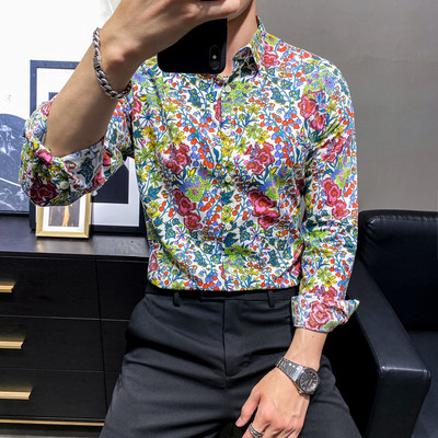 Φόρεμα 100% βαμβακερό ανδρικό λουλουδάτο πουκάμισο Φόρεμα φθινοπωρινό καλοκαίρι με λουλούδια με μακρυμάνικο κουμπάκι επάνω Αντρικό πουκάμισο casual Stage επίσημο ρούχα Street