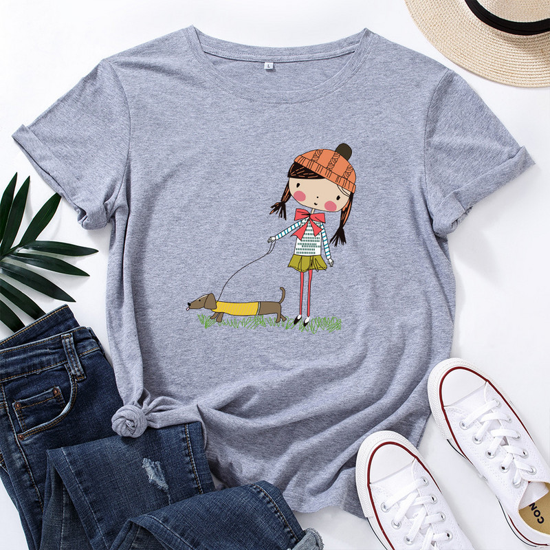 JFUNCY 5XL Moteriški medvilniniai marškinėliai mergaičių ir šunų raštu palaidi marškinėliai trumpomis rankovėmis, moteriški laisvalaikio marškinėliai, vasariniai moteriški viršutiniai drabužiai