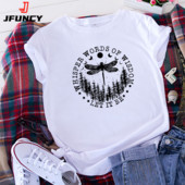 JFUNCY sieviešu T-krekli ar īsām piedurknēm Sieviešu vasaras apģērbi Dragonfly Print T-krekls 100% kokvilnas brīvi topi Modes sieviešu krekls