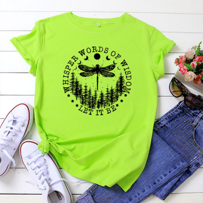 JFUNCY sieviešu T-krekli ar īsām piedurknēm Sieviešu vasaras apģērbi Dragonfly Print T-krekls 100% kokvilnas brīvi topi Modes sieviešu krekls