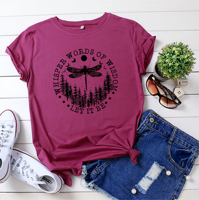 JFUNCY sieviešu T-krekli ar īsām piedurknēm Sieviešu vasaras apģērbi Dragonfly Print T-krekls 100% kokvilnas brīvi topi Modes sieviešu krekls