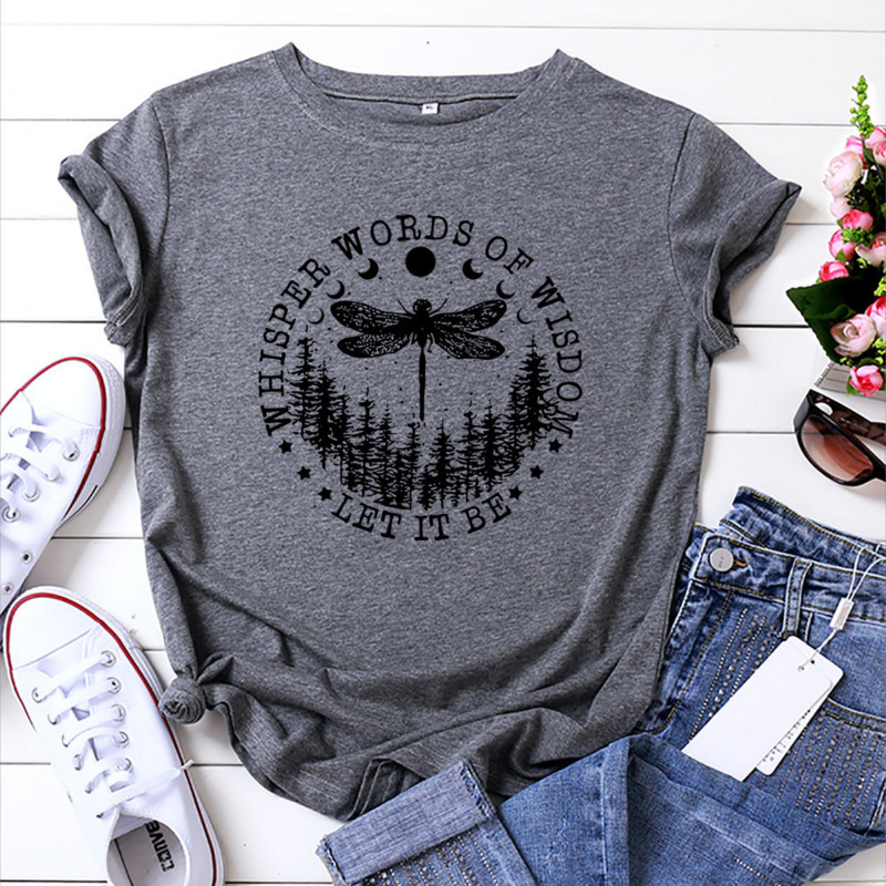 JFUNCY sieviešu T-krekli ar īsām piedurknēm Sieviešu vasaras apģērbi Dragonfly Print T-krekls 100% kokvilnas brīvi topi Modes sieviešu krekls