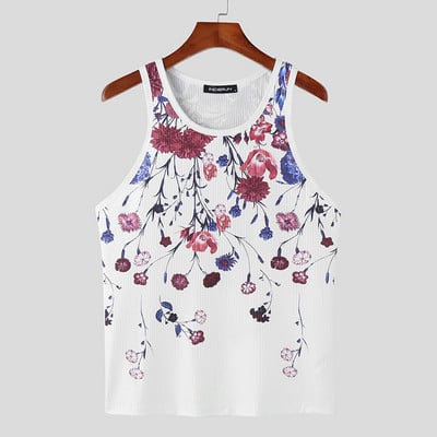 Vīriešu topi ar ziedu apdruku ar O veida kakla piedurknēm ikdienas vestes, 2023. gada vasaras fitnesa ielu apģērbi, stilīgi vīriešu apģērbi S-5XL INCERUN