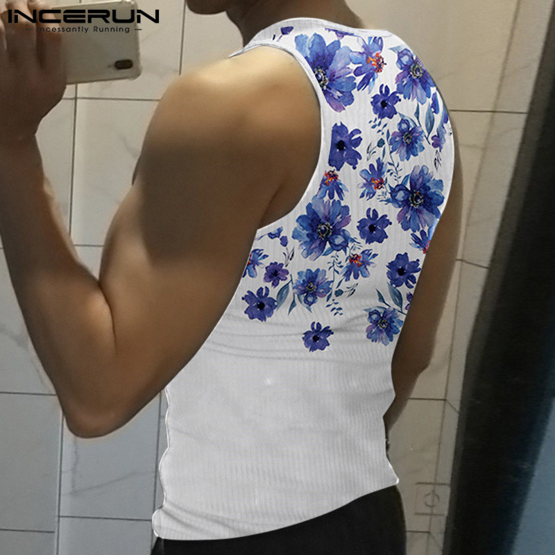 Vīriešu topi ar ziedu apdruku ar O veida kakla piedurknēm ikdienas vestes, 2023. gada vasaras fitnesa ielu apģērbi, stilīgi vīriešu apģērbi S-5XL INCERUN