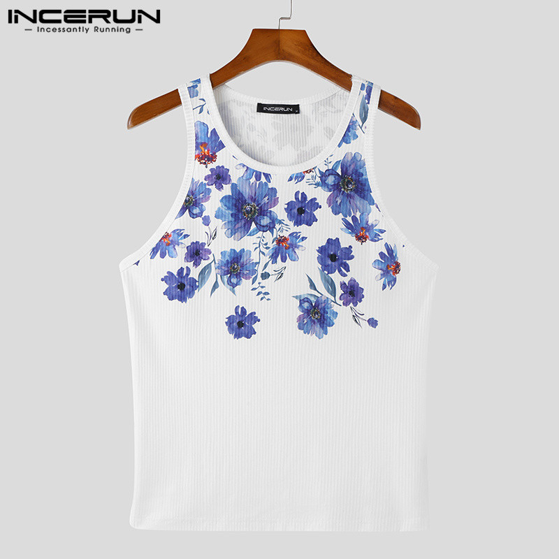 Vīriešu topi ar ziedu apdruku ar O veida kakla piedurknēm ikdienas vestes, 2023. gada vasaras fitnesa ielu apģērbi, stilīgi vīriešu apģērbi S-5XL INCERUN