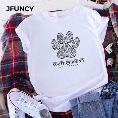 JFUNCY Дамска тениска 100% памук с къс ръкав Ежедневна женска тениска Dog Paw Print T-shirt Дамски летни свободни топове