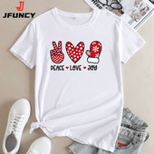 JFUNCY sieviešu T-krekli Ziemassvētku apdrukas grafiskie T krekli Sieviešu lielizmēra kokvilnas T krekls 2022 Modes sieviešu T-krekli ar īsām piedurknēm